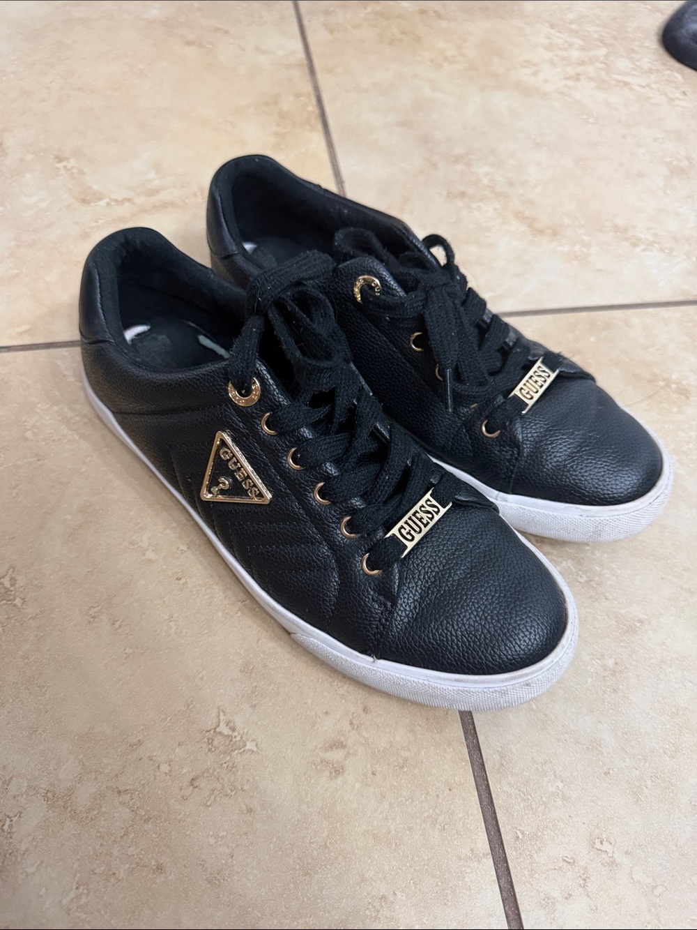 Guess Men's Black Low-Top Leather Sneakers with Gold Accents